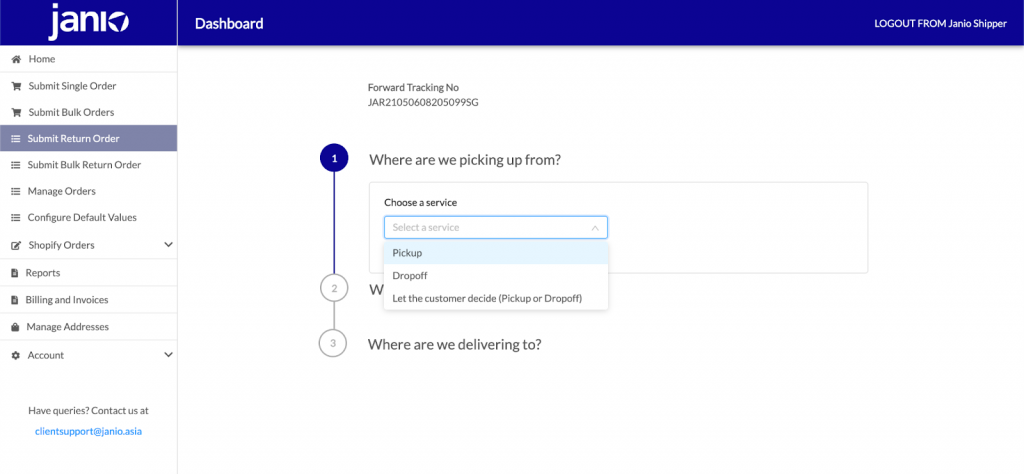 Janio Product guide - returns order choosing the returns order method