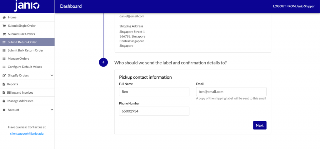 Indicate the contact details of your customer for us to send the confirmation and shipping label