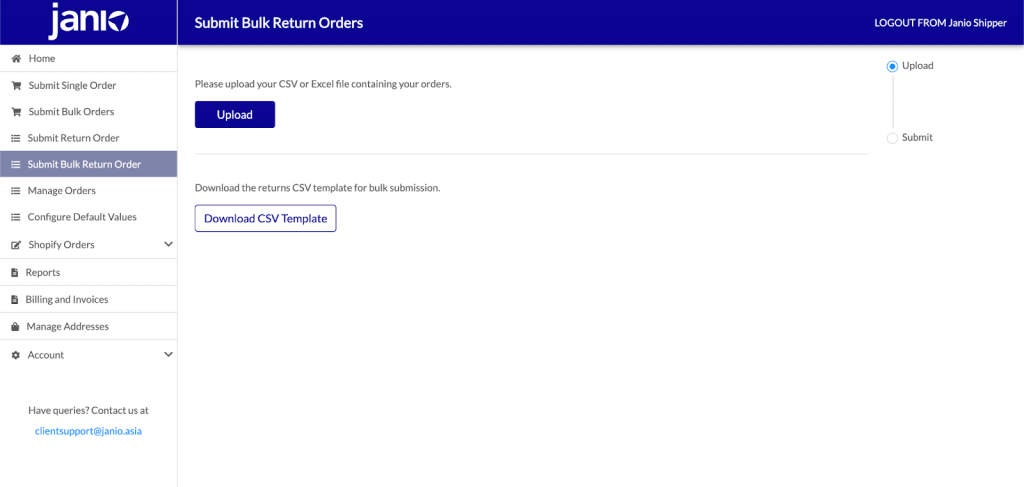 Go to the Submit Bulk Return Order Page